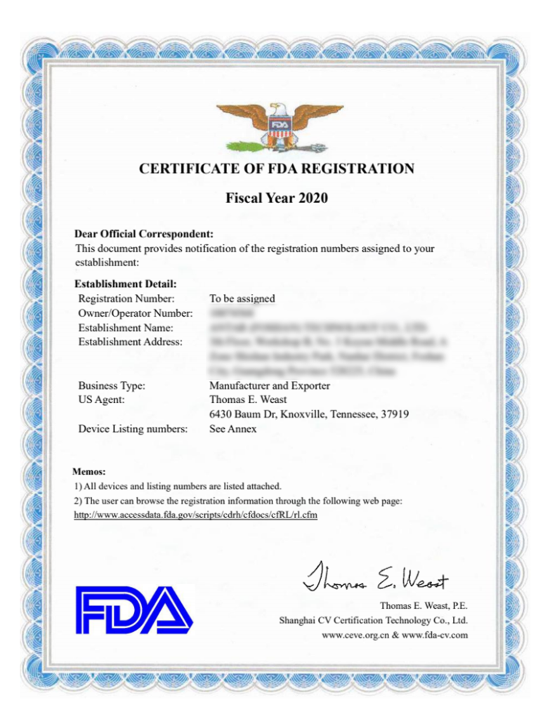 FDA certificate